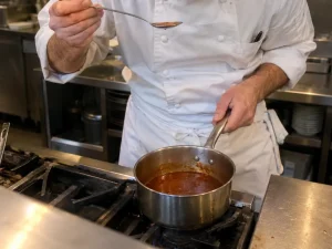 厨房でソースの味見をする料理人