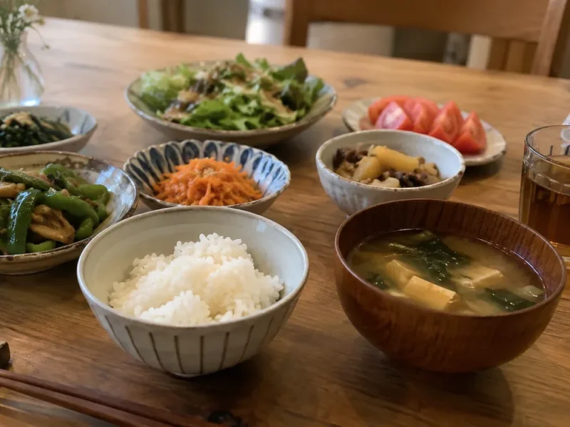 ご飯と味噌汁、副菜が並ぶ家庭の食卓