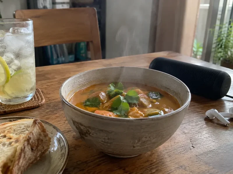 湯気の立つスープと氷の入った飲み物、スピーカーのある食卓